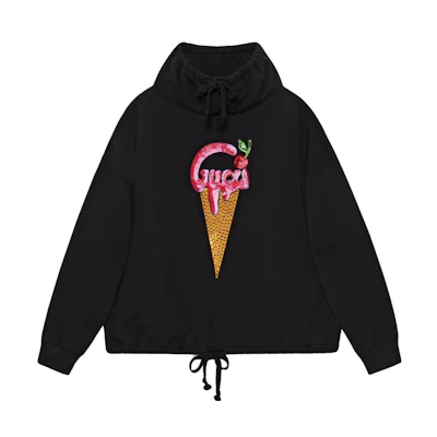 (Women) Gucci SS23 Ice Cream Crystal Embellished Black Hoodie 717417-XJE7N-1043