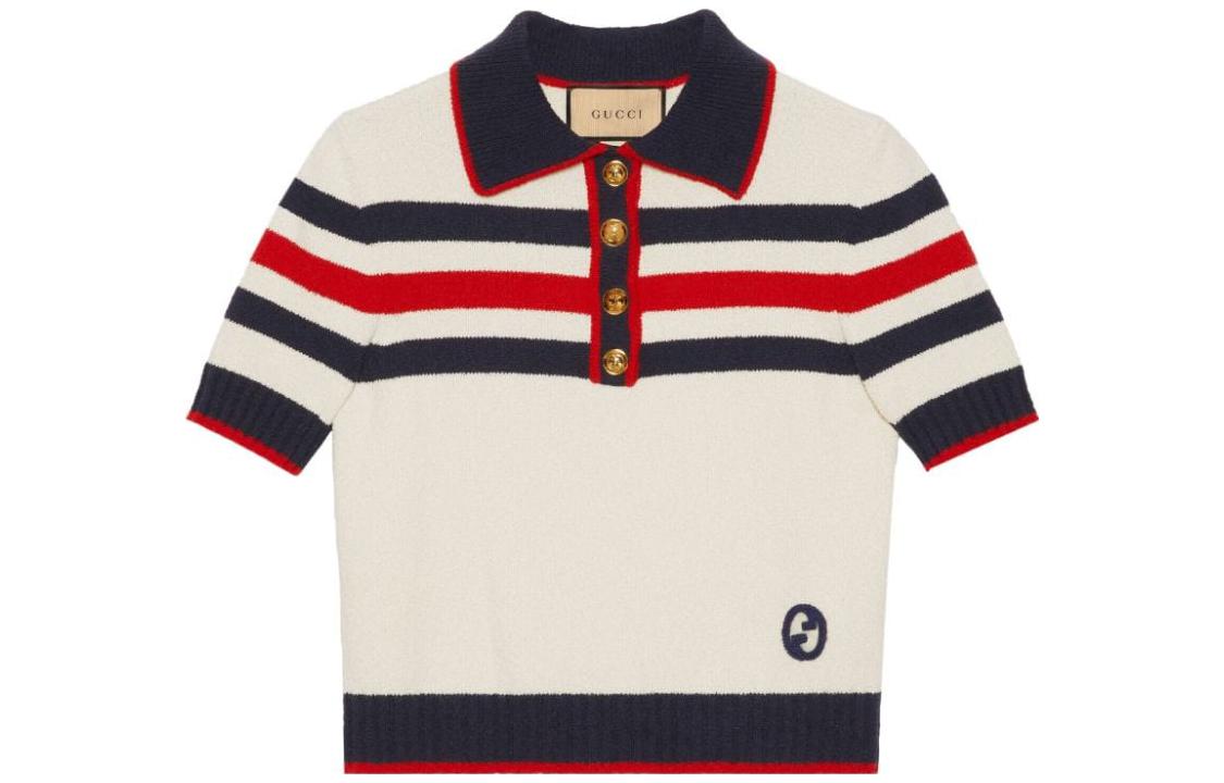 (Women) Gucci SS23 Ivory Striped Logo Knit Polo Shirt 743308-XKC40-9330
