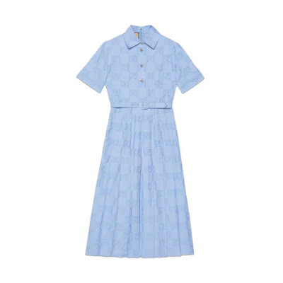 (Women) GUCCI SS23 Jacquard Logo Short-Sleeve Shirt Dress Women’s Blue. 741057-Z8BGE-4910