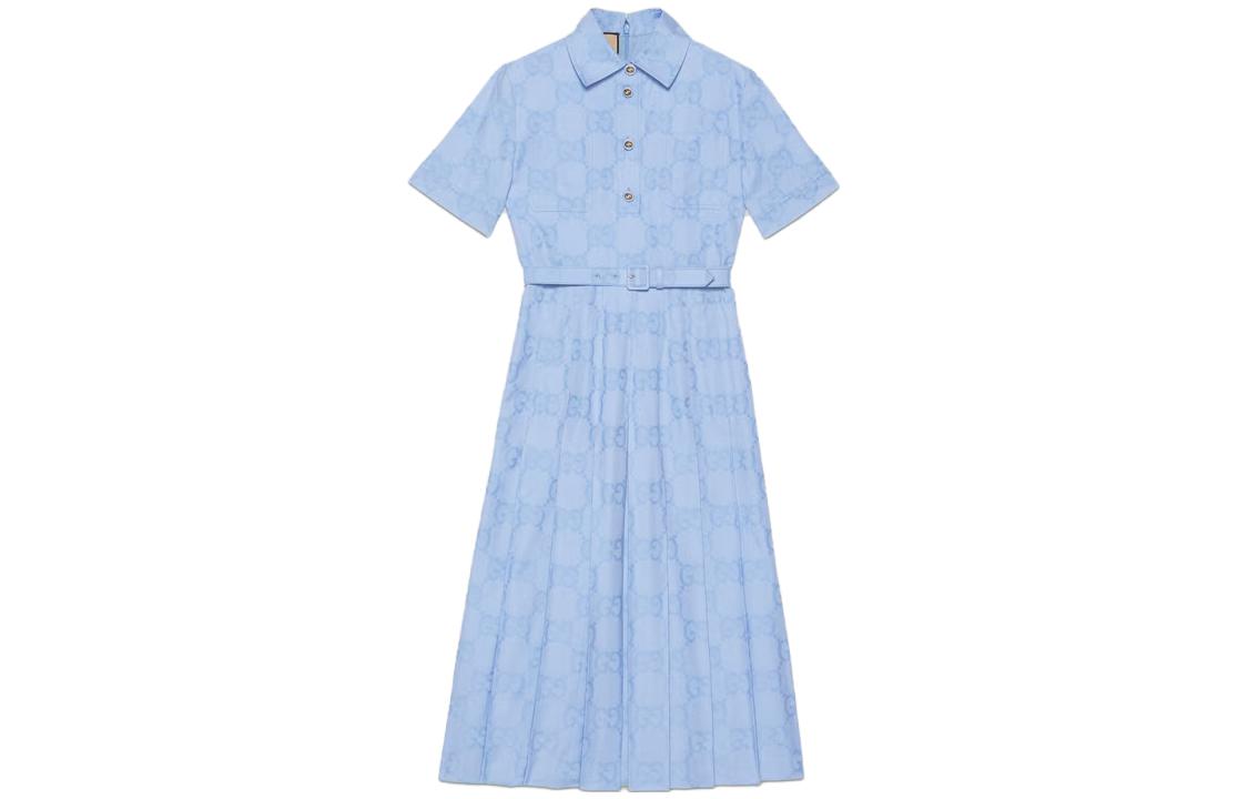 Order (W) GUCCI SS23 提花Logo短袖襯衫洋裝 女款 藍色 741057-Z8BGE-4910
