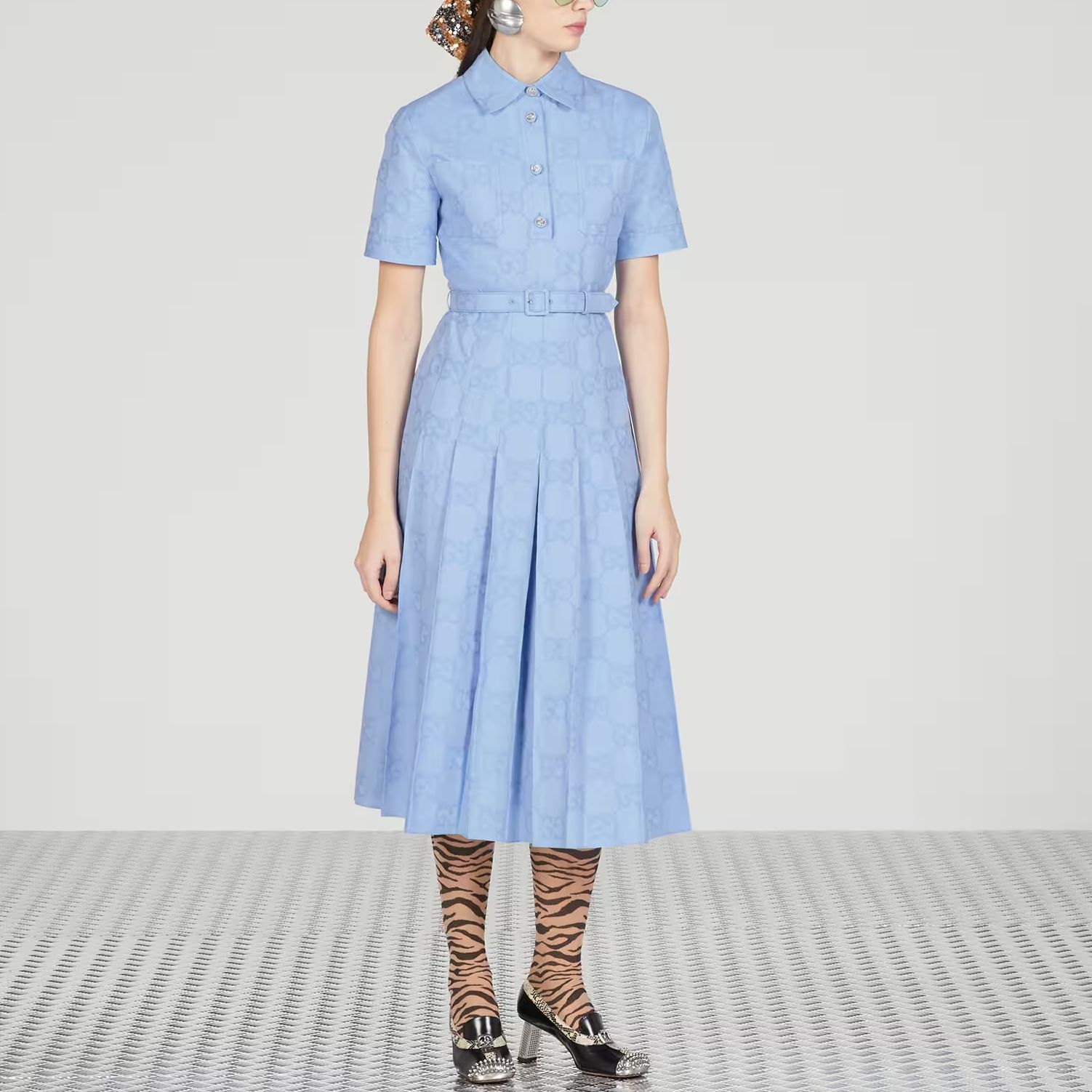 Lookbook (W) GUCCI SS23 提花Logo短袖襯衫洋裝 女款 藍色 741057-Z8BGE-4910