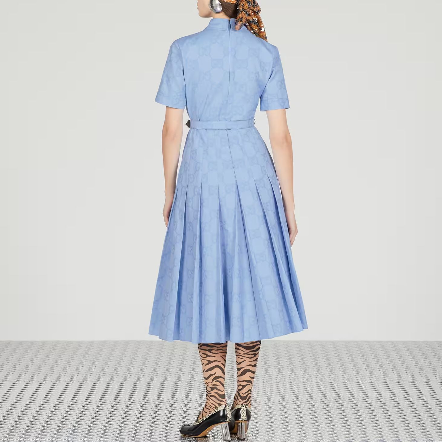 Shop (W) GUCCI SS23 提花Logo短袖襯衫洋裝 女款 藍色 741057-Z8BGE-4910