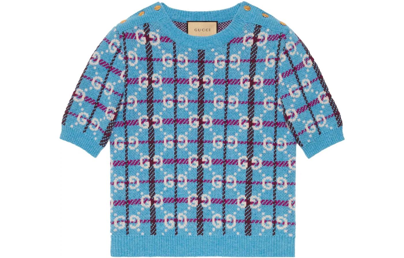 (Women) Gucci SS23 Logo Check Print Crewneck Short Sleeve Knit Top Aqua Blue 731583-XKC1H-4896