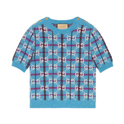 (Women) Gucci SS23 Logo Check Print Crewneck Short Sleeve Knit Top Aqua Blue 731583-XKC1H-4896