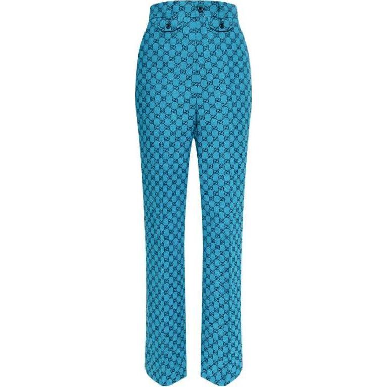 (Women) Gucci SS23 Logo Diamond Print Pleated Straight Pants Blue 663814-ZAF4S-4258