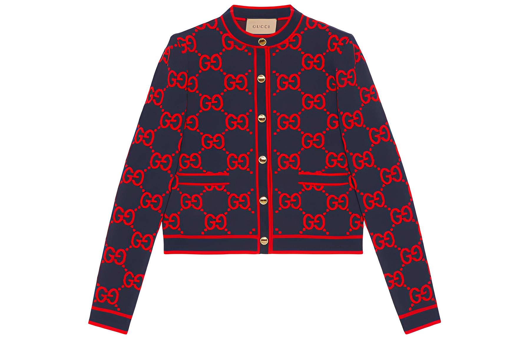 (Women) GUCCI SS23 Navy Blue Logo Embroidered Button-Up Knit Cardigan for Women. 743319-XKC8X-4754