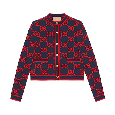 (Women) GUCCI SS23 Navy Blue Logo Embroidered Button-Up Knit Cardigan for Women. 743319-XKC8X-4754