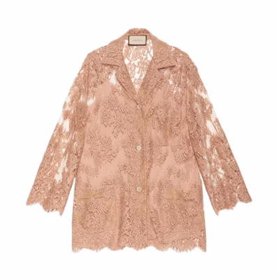 (Women) Gucci SS23 Pastel Pink Lace Blazer Jacket with Notched Lapel 718222-ZAINX-7750