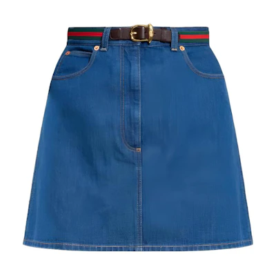 (Women) Gucci SS23 Plain Blue Denim Mini Skirt with Belt 748645-XDCNA-4759