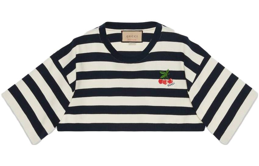 Buy (Women) GUCCI SS23 Pre-Fall  Striped Cherry Embroidered Crop Top White 748510-XJFN2-4492