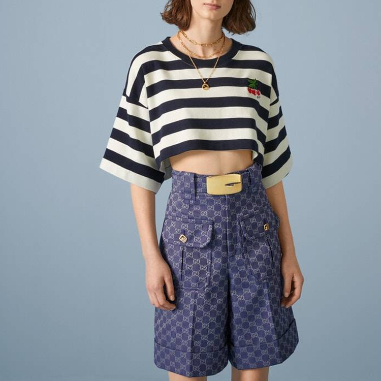 Lookbook (Women) GUCCI SS23 Pre-Fall  Striped Cherry Embroidered Crop Top White 748510-XJFN2-4492