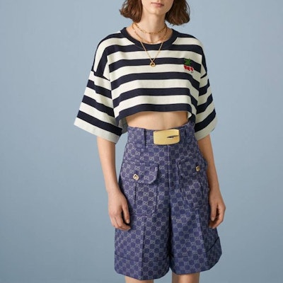 (Women) GUCCI SS23 Pre-Fall Striped Cherry Embroidered Crop Top White 748510-XJFN2-4492 Lookbook (Women) GUCCI SS23 Pre-Fall Striped Cherry Embroidered Crop Top White 748510-XJFN2-4492