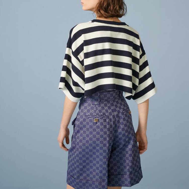 Shop (Women) GUCCI SS23 Pre-Fall  Striped Cherry Embroidered Crop Top White 748510-XJFN2-4492