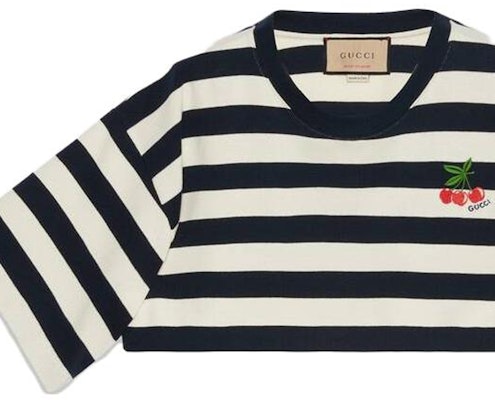(Women) GUCCI SS23 Pre-Fall Striped Cherry Embroidered Crop Top White 748510-XJFN2-4492 Details for (Women) GUCCI SS23 Pre-Fall Striped Cherry Embroidered Crop Top White 748510-XJFN2-4492