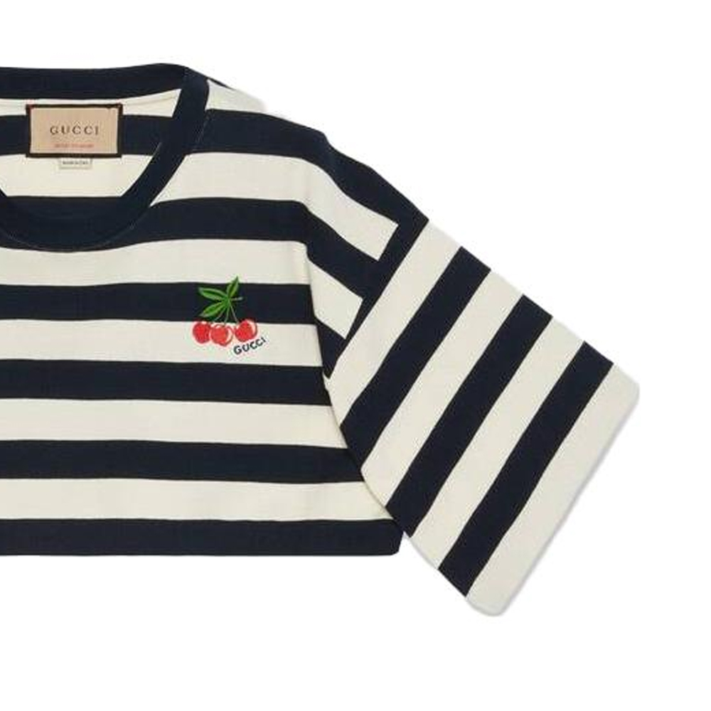 Sizing (Women) GUCCI SS23 Pre-Fall  Striped Cherry Embroidered Crop Top White 748510-XJFN2-4492