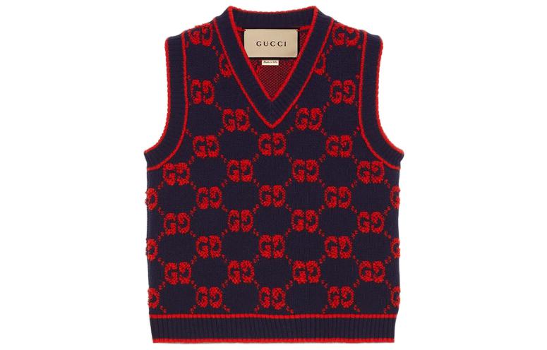 (Women) Gucci SS23 Red V-neck Knit Vest with Letter Logo Jacquard 718629-XKCNA-4668