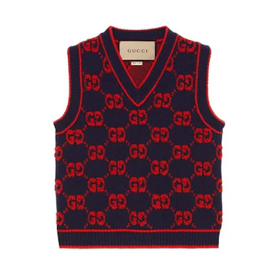 (Women) Gucci SS23 Red V-neck Knit Vest with Letter Logo Jacquard 718629-XKCNA-4668