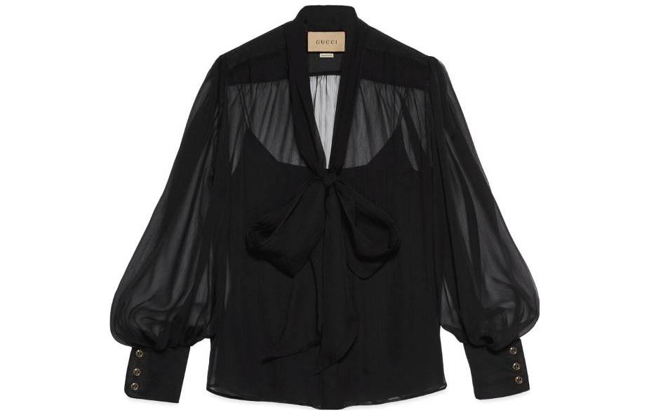 (Women) Gucci SS23 Solid Bow Tie Long Sleeve Pullover Shirt Black 756360-ZHS78-1000