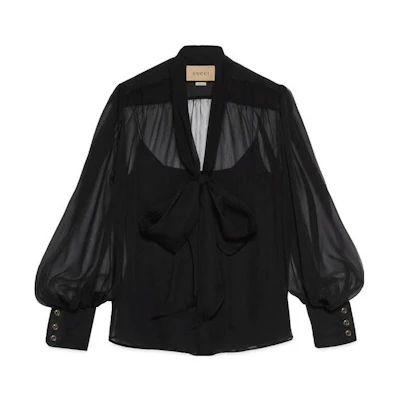 (Women) Gucci SS23 Solid Bow Tie Long Sleeve Pullover Shirt Black 756360-ZHS78-1000