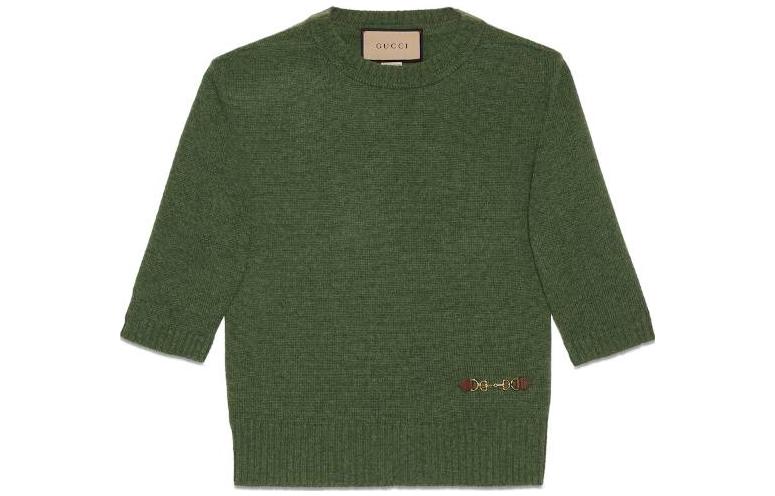(Women) Gucci SS23 Solid Green Crewneck Fitted Short Sleeve Knit Top 628389-XKBH9-3087