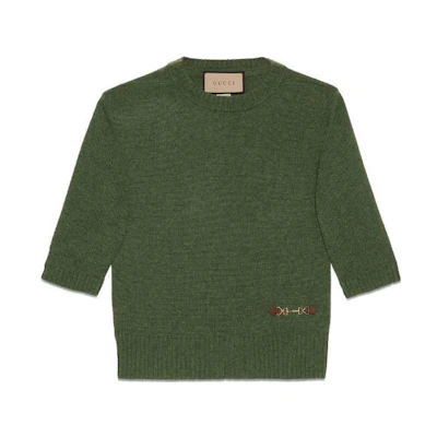 (Women) Gucci SS23 Solid Green Crewneck Fitted Short Sleeve Knit Top 628389-XKBH9-3087