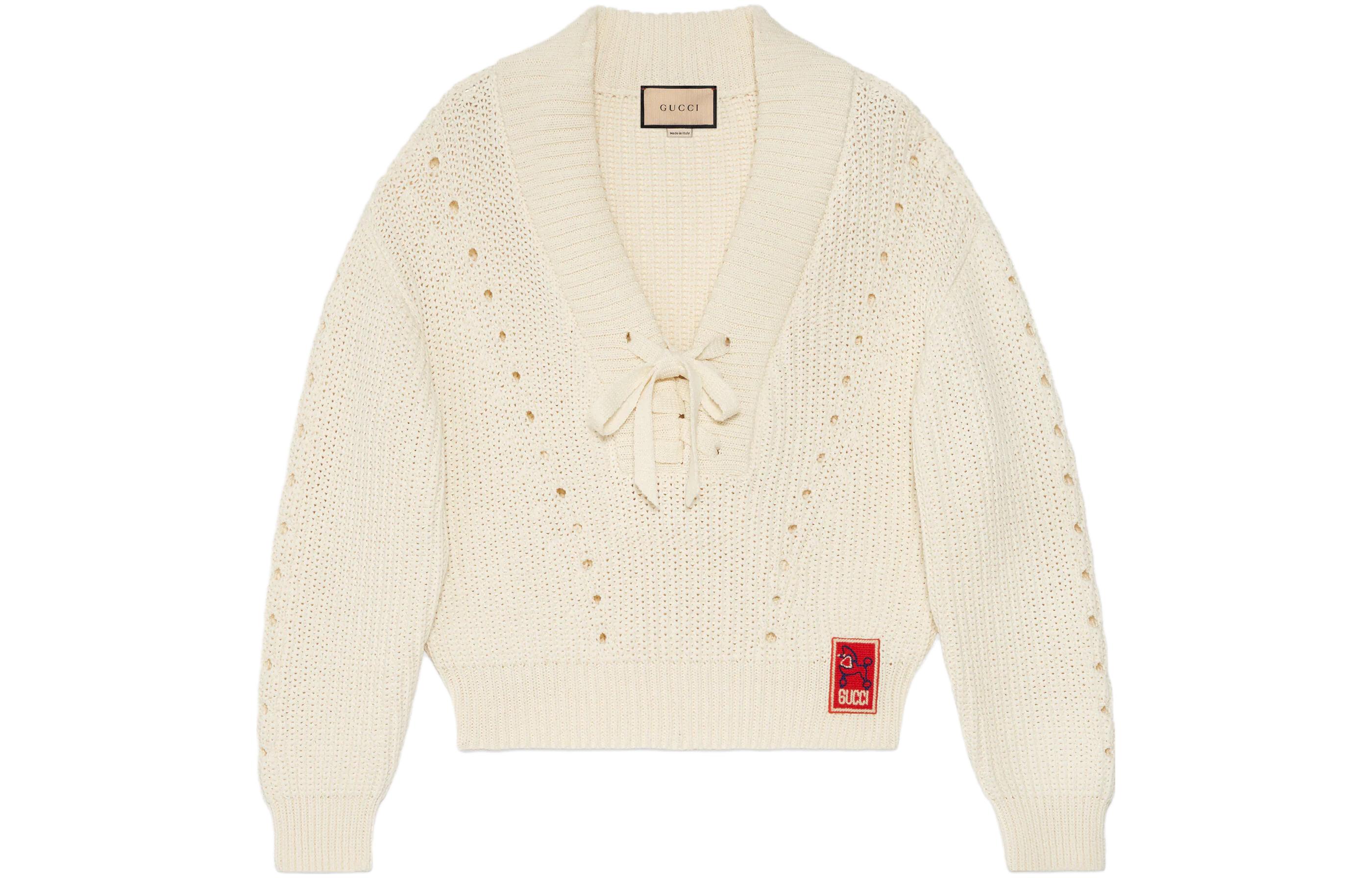 (Women) Gucci SS23 Solid V-Neck Knit Long Sleeve Sweater Beige 747743-XKC36-9791