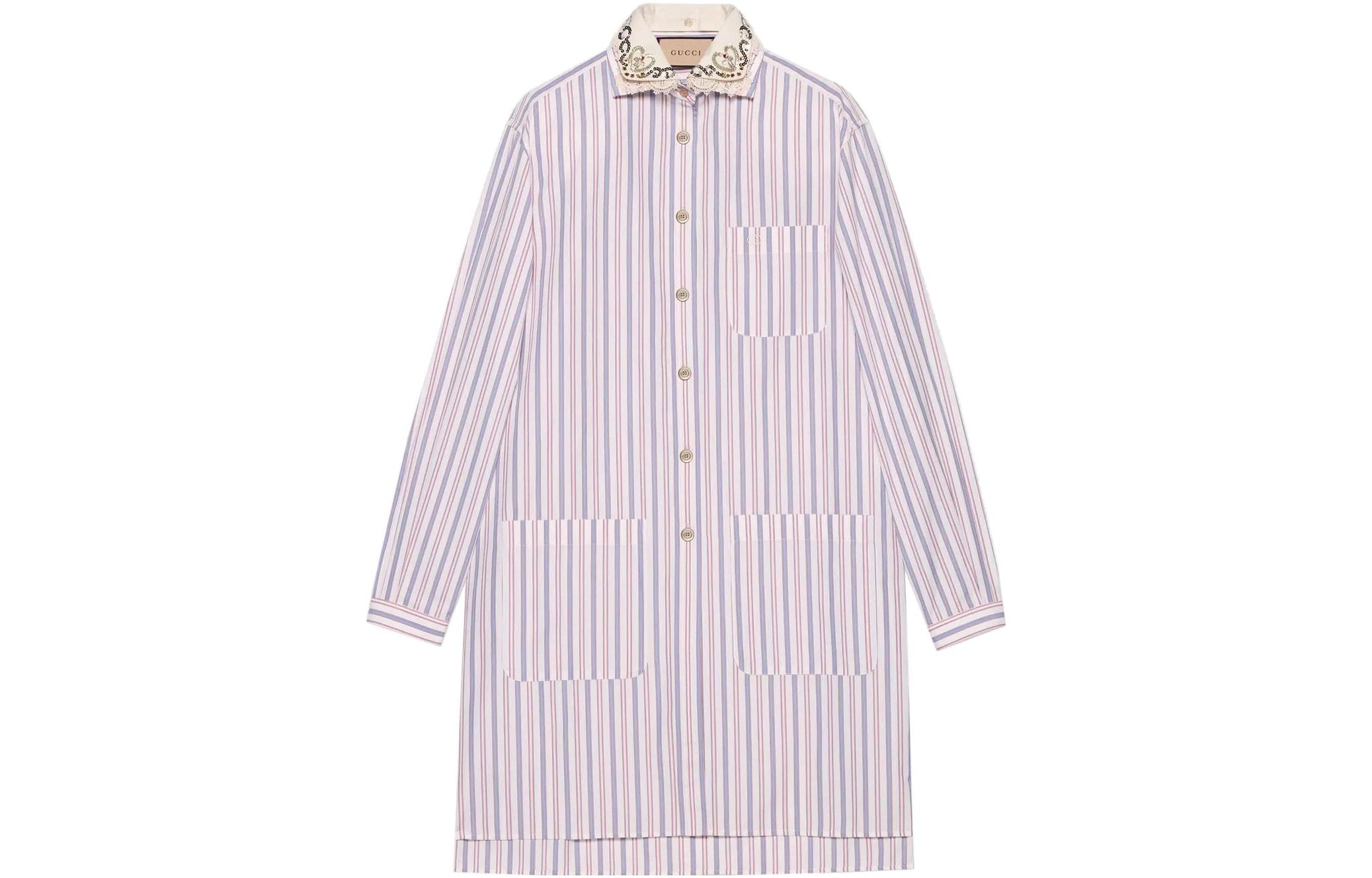 (Women) Gucci SS23 Striped Collar Shirt Dress Pink 691499-ZAI77-9692