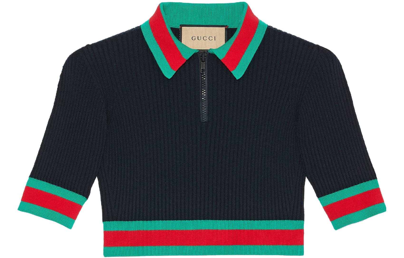 (Women) Gucci SS23 Striped Short Sleeve Polo Sweater Deep Blue 753671-XKC7I-4060
