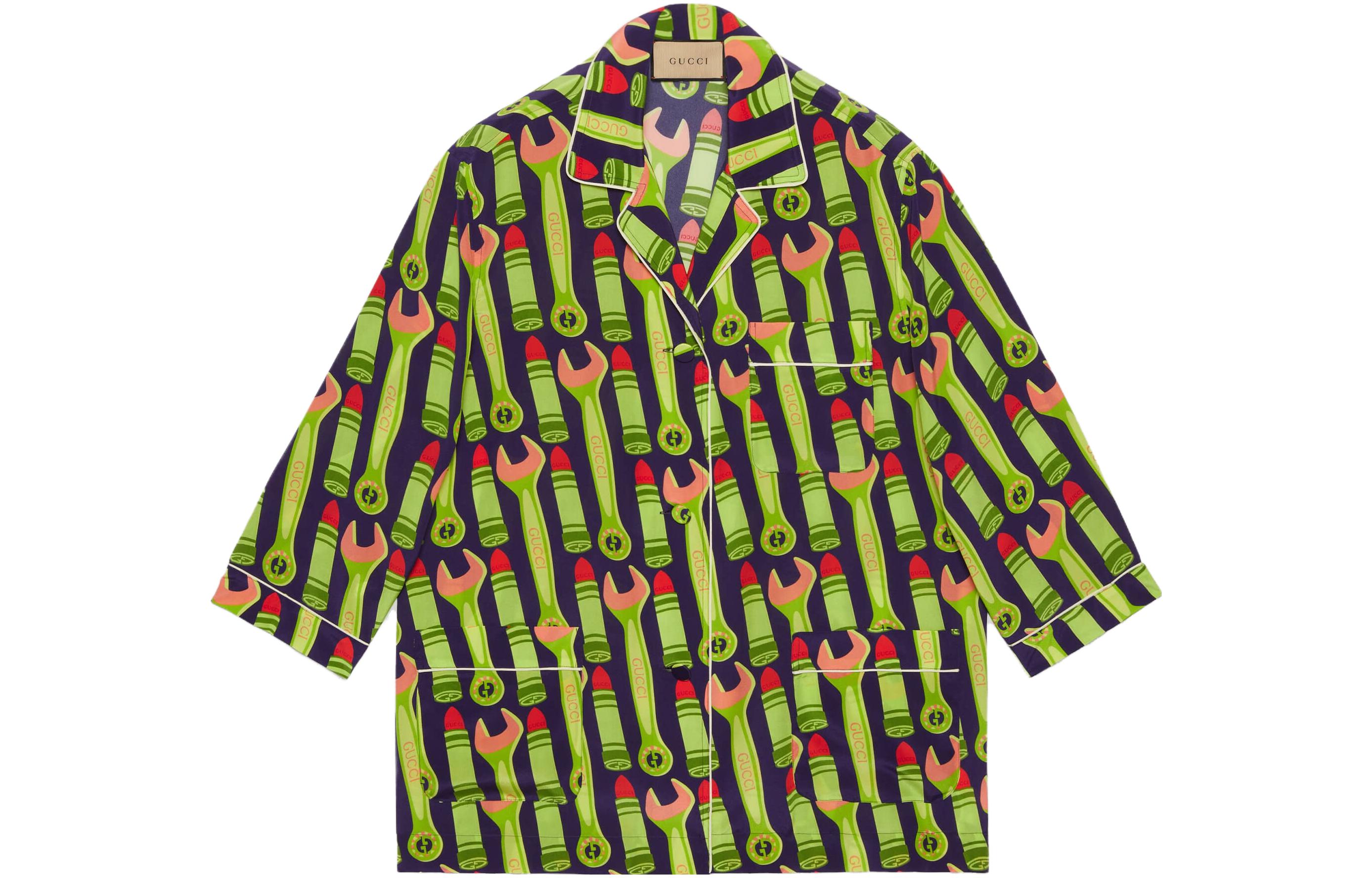 (Women) Gucci SS23 Tools Print UV Protection Shirt Green 740518-ZAMVY-3316