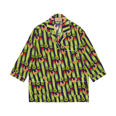 (Women) Gucci SS23 Tools Print UV Protection Shirt Green 740518-ZAMVY-3316