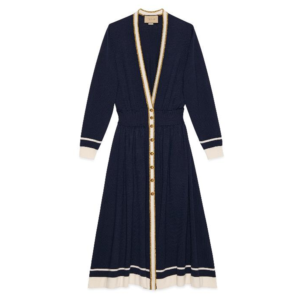 (Women) Gucci SS23 V-neck Midi Long-Sleeve Dress Dark Blue 713541-XKCNW-4849