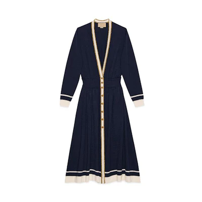 (Women) Gucci SS23 V-neck Midi Long-Sleeve Dress Dark Blue 713541-XKCNW-4849