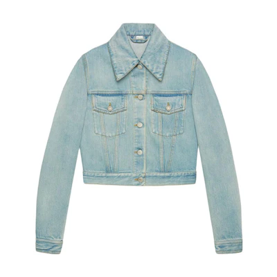 (Women) Gucci SS23 Washed Distressed Single-Breasted Denim Jacket Light Blue 558038-XDAG7-4493