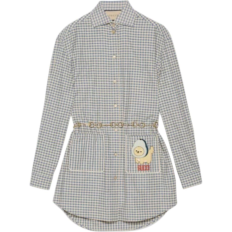 (Women) Gucci SS23 White Checkered Sun Shirt with Animal Patches 734889-ZAMGK-9692