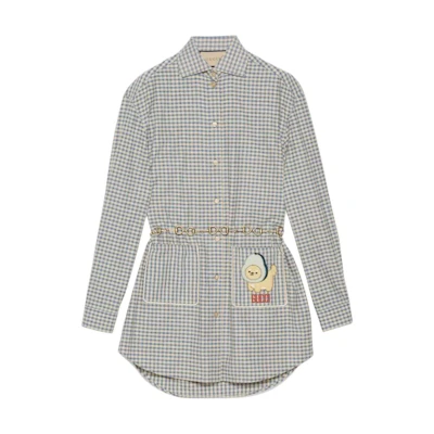 (Women) Gucci SS23 White Checkered Sun Shirt with Animal Patches 734889-ZAMGK-9692