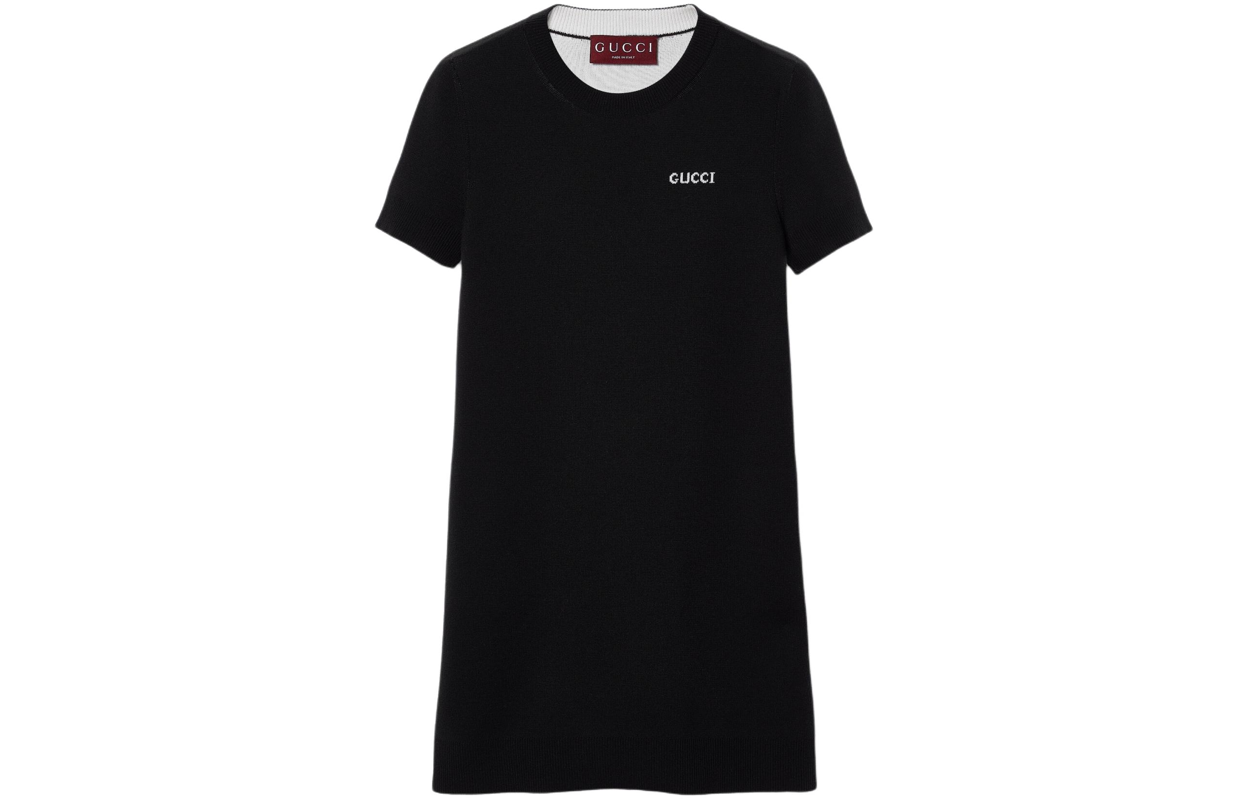 (Women) GUCCI SS24  Black Round Neck Short Sleeve Dress with Logo Jacquard. 789679-XKD3P-1289