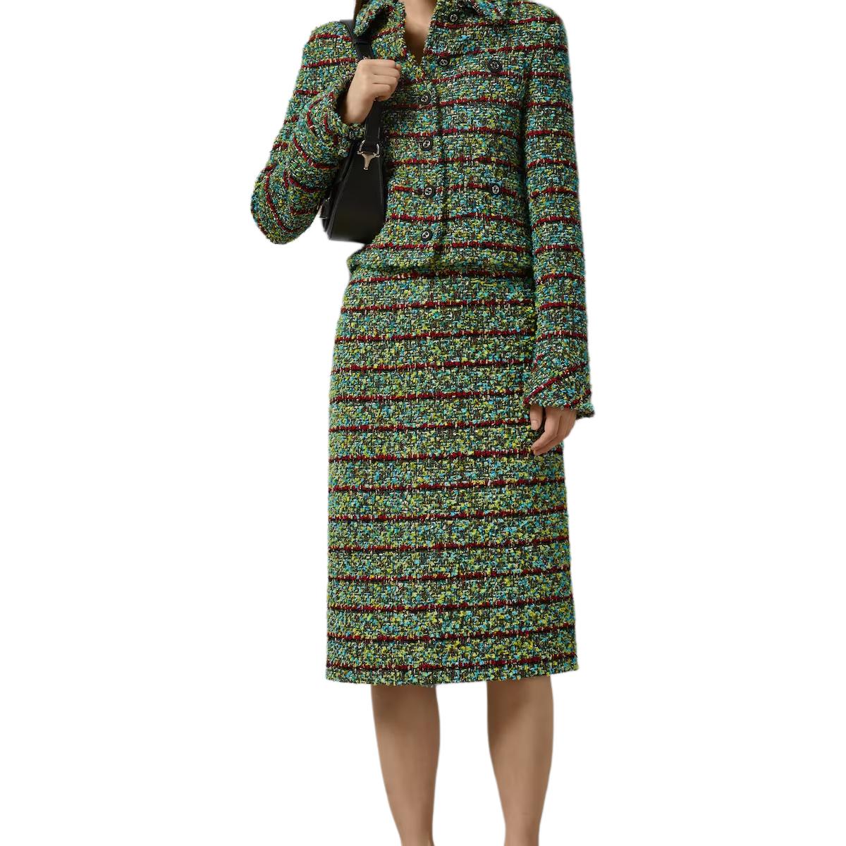 Shop (W) GUCCI SS24 綠色條紋粗花呢中長裙 休閒風格. 761363-ZAOOW-4374