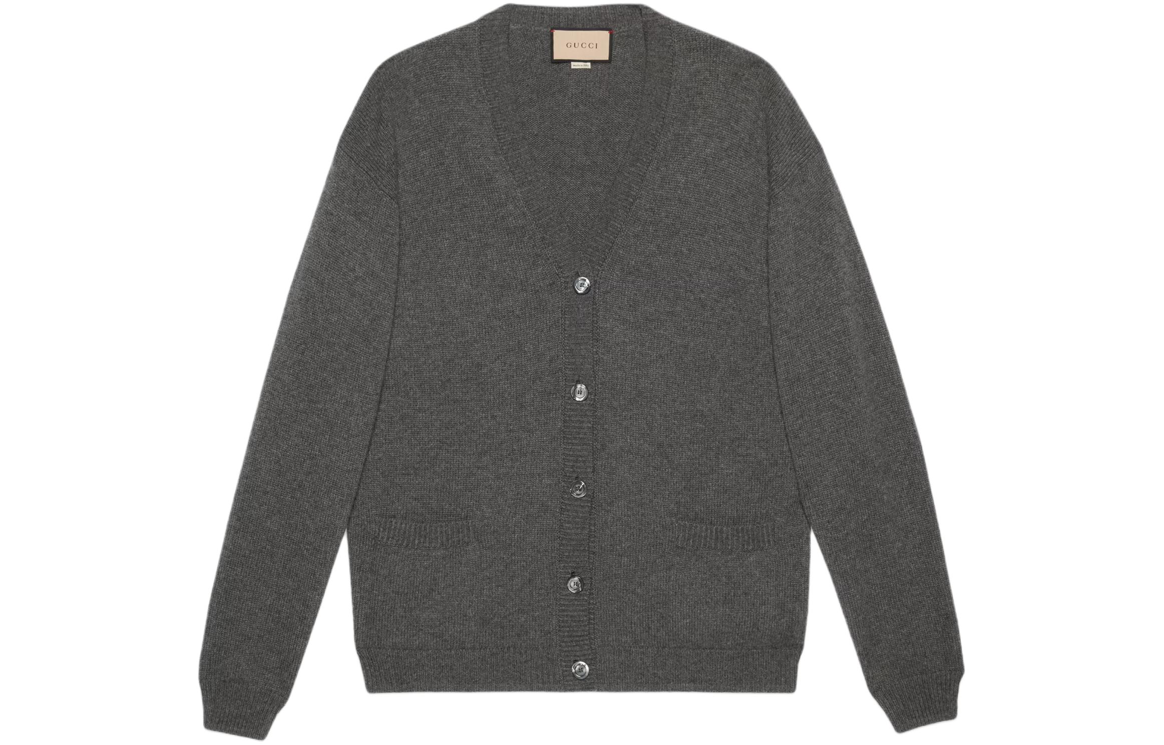 (Women) GUCCI SS24  Grey V-Neck Button-Up Long Sleeve Knit Cardigan. 773559-XKDUV-1165