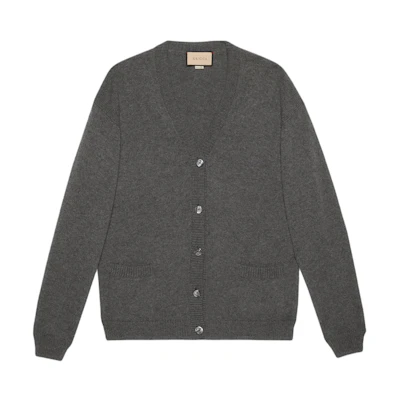 (Women) GUCCI SS24 Grey V-Neck Button-Up Long Sleeve Knit Cardigan. 773559-XKDUV-1165