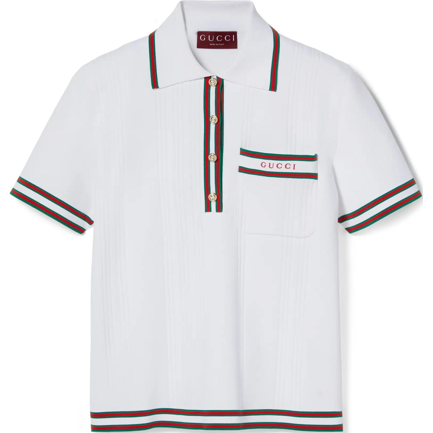 (Women) GUCCI SS24  Ivory White Logo Embroidered Striped Polo Shirt. 691713-XKD26-9288