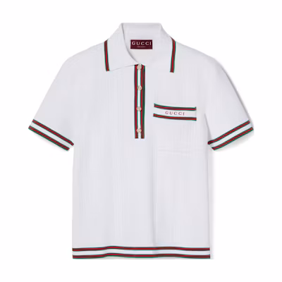(Women) GUCCI SS24 Ivory White Logo Embroidered Striped Polo Shirt. 691713-XKD26-9288