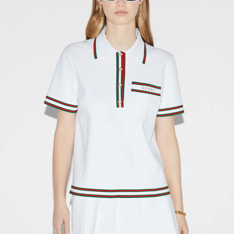 (Women) GUCCI SS24  Ivory White Logo Embroidered Striped Polo Shirt. 691713-XKD26-9288 圖 4