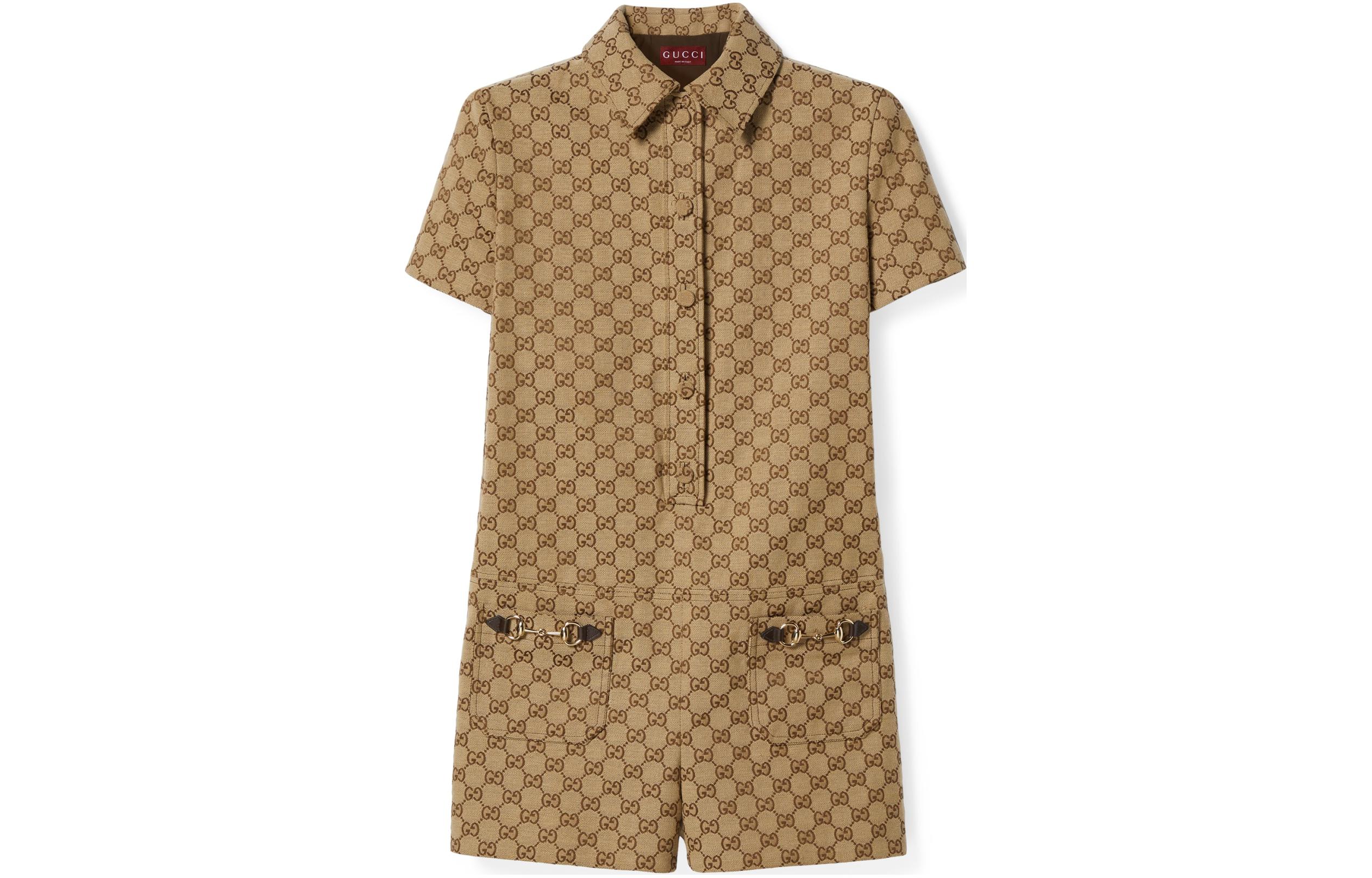 Order (Women) GUCCI SS24  Logo Print Camel Collared Romper Casual Jumpsuit. 781457-Z8BRZ-2190