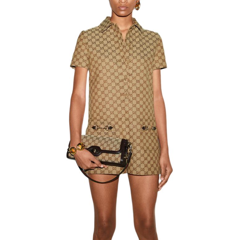 Purchase (Women) GUCCI SS24  Logo Print Camel Collared Romper Casual Jumpsuit. 781457-Z8BRZ-2190