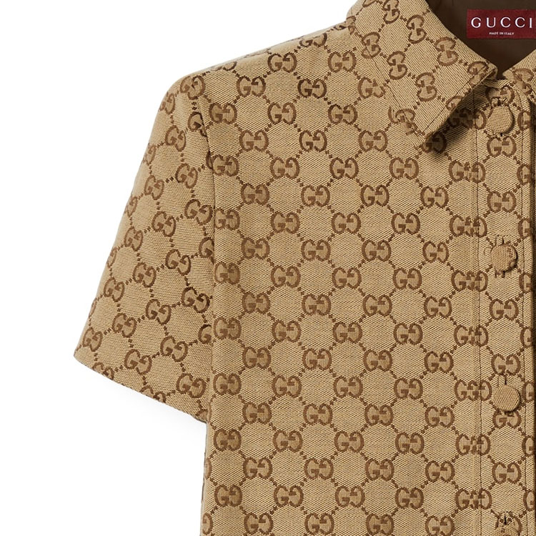 Sizing (Women) GUCCI SS24  Logo Print Camel Collared Romper Casual Jumpsuit. 781457-Z8BRZ-2190
