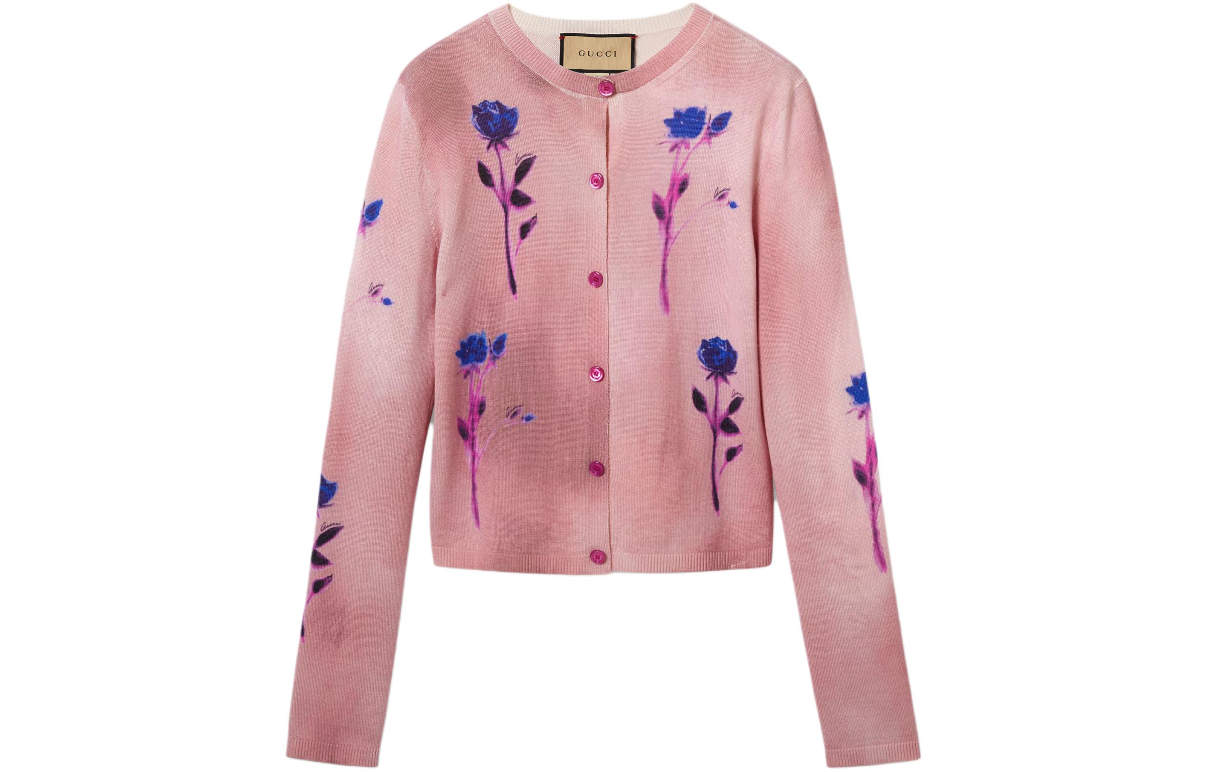 (Women) GUCCI SS24  Pink Floral Print Round-Neck Button-Up Knit Sweater. 782657-XKD0X-5581