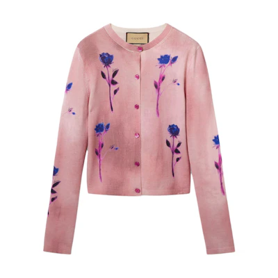 (Women) GUCCI SS24 Pink Floral Print Round-Neck Button-Up Knit Sweater. 782657-XKD0X-5581