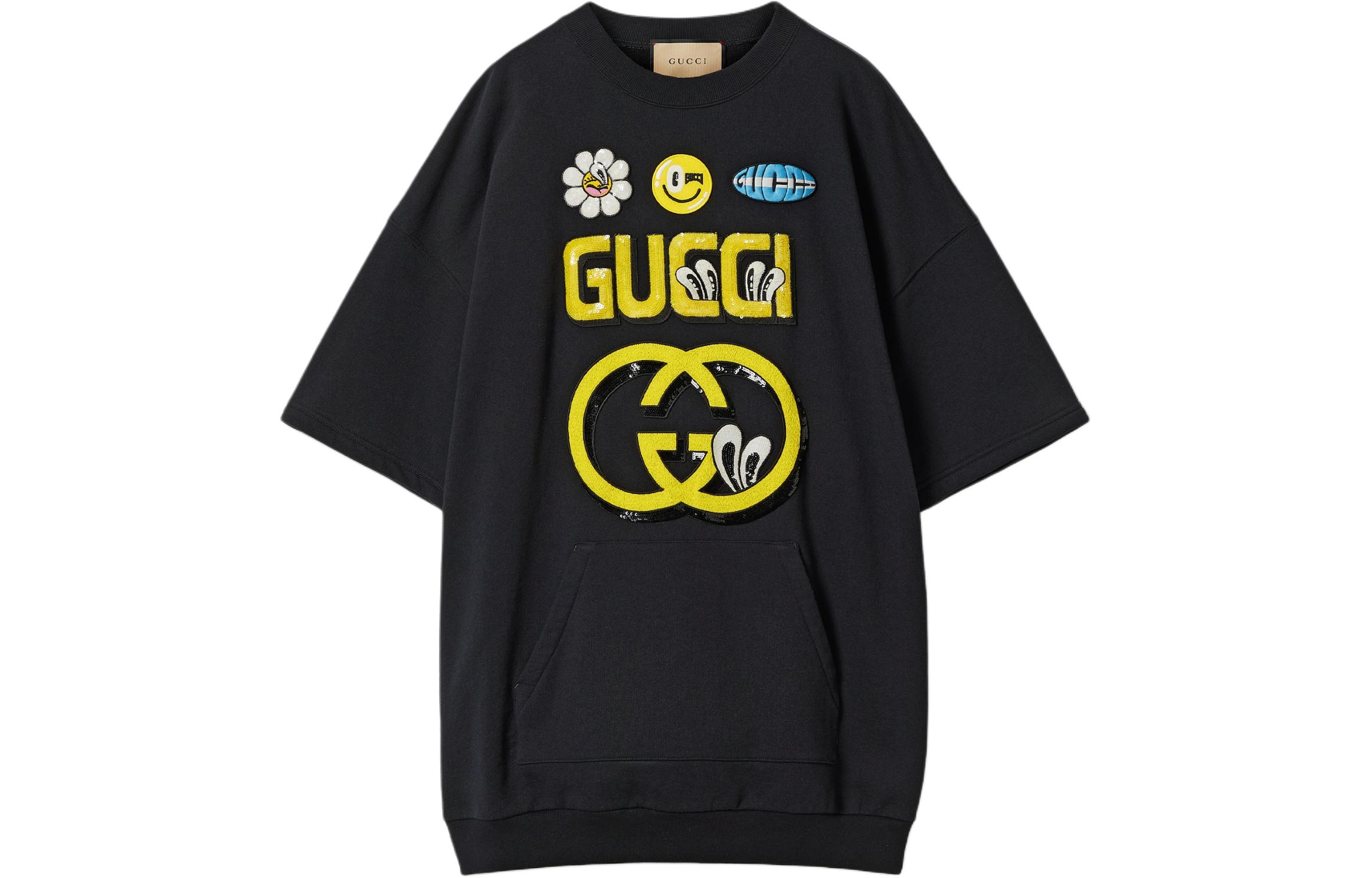 (Women) Gucci SS24 Black Crewneck Logo Embroidered Short Sleeve Sweatshirt 782073-XJGHF-1043