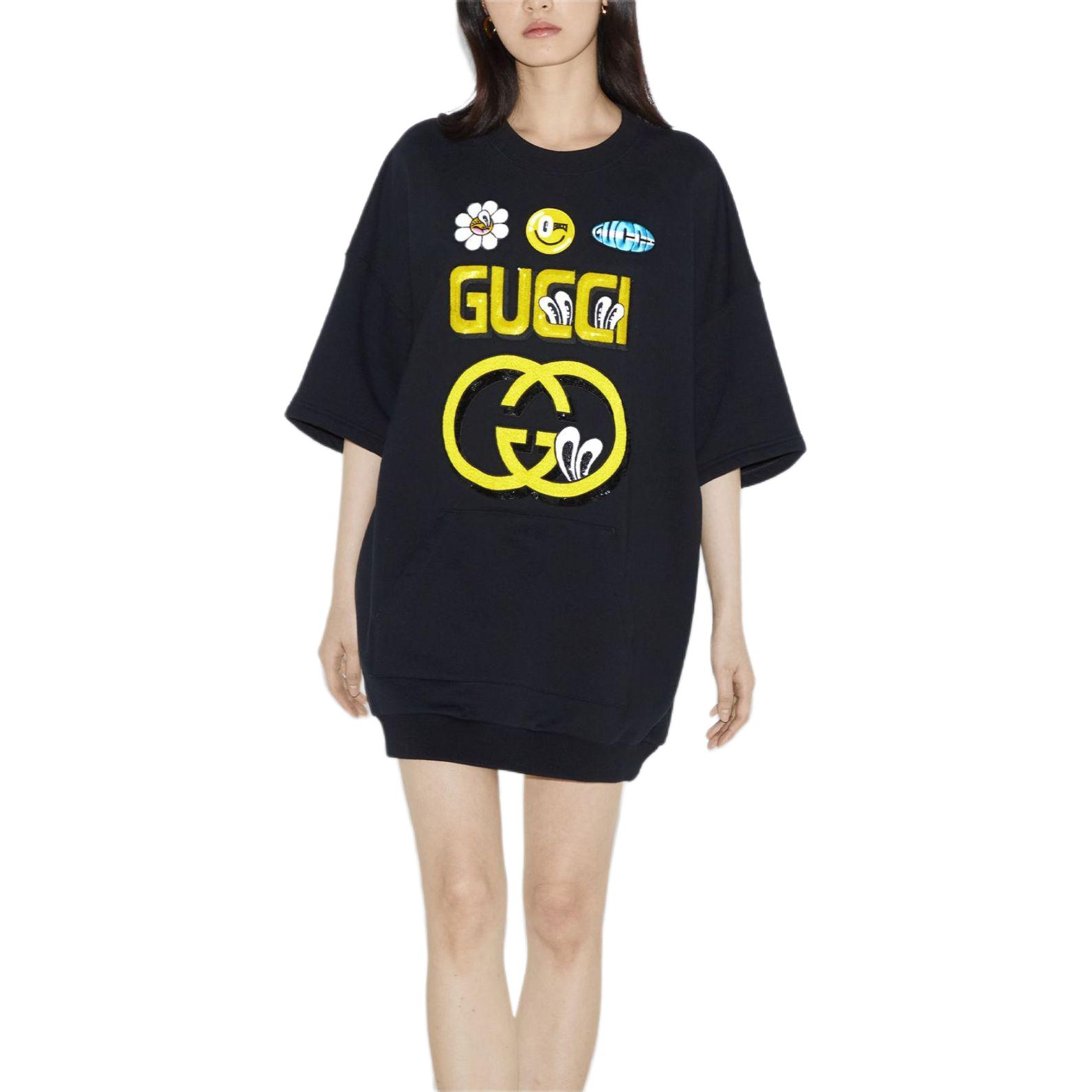 Lookbook (W) Gucci SS24 Crewneck Hitam Logo Bordir Kaos Lengan Pendek Sweatshirt 782073-XJGHF-1043