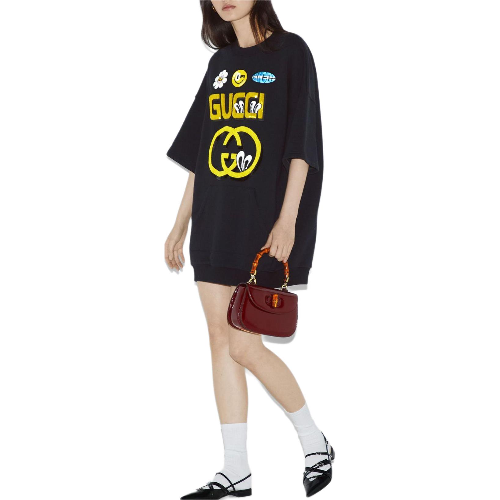 Purchase (W) Gucci SS24 Crewneck Hitam Logo Bordir Kaos Lengan Pendek Sweatshirt 782073-XJGHF-1043